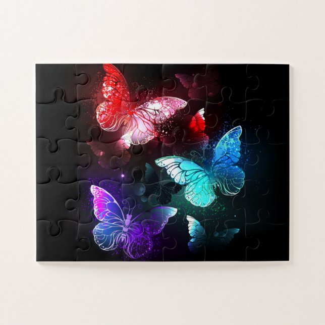 Three Glowing Butterflies on night background Jigsaw Puzzle (Horizontal)