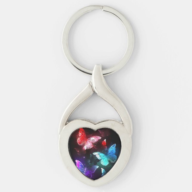 Three Glowing Butterflies on night background Key Ring (Front)