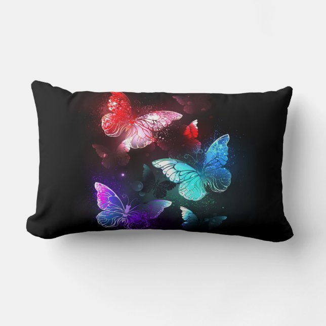 Three Glowing Butterflies on night background Lumbar Cushion (Front)