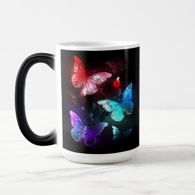 Three Glowing Butterflies on night background Magic Mug (Left)