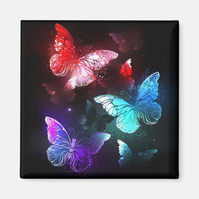Three Glowing Butterflies on night background Magnet (Front)