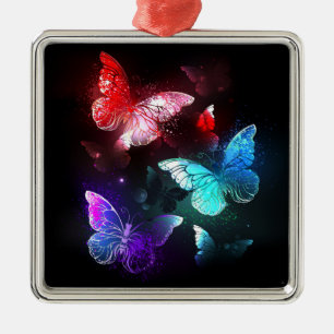 Three Glowing Butterflies on night background Metal Tree Decoration