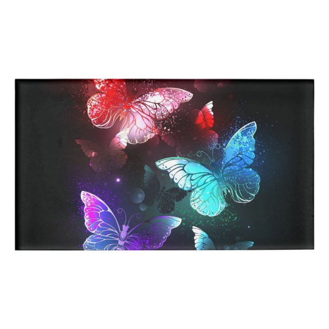 Three Glowing Butterflies on night background Name Tag (Front)
