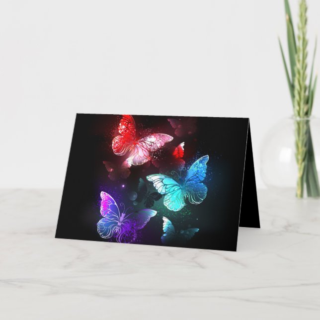 Three Glowing Butterflies on night background Note Card (Front)