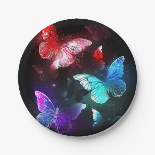 Three Glowing Butterflies on night background Paper Plate