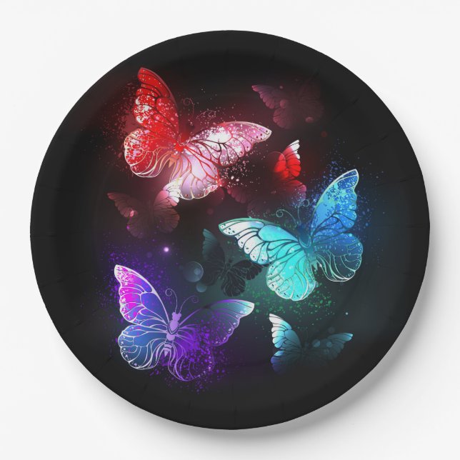 Three Glowing Butterflies on night background Paper Plate (Front)