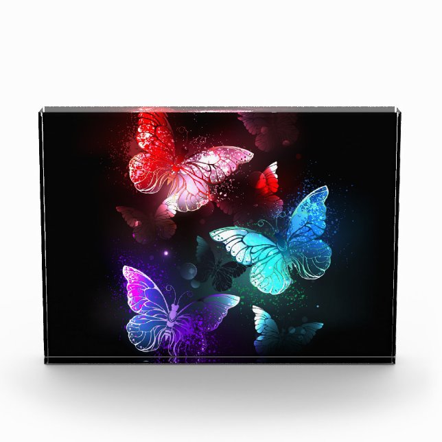 Three Glowing Butterflies on night background Photo Block (Front)