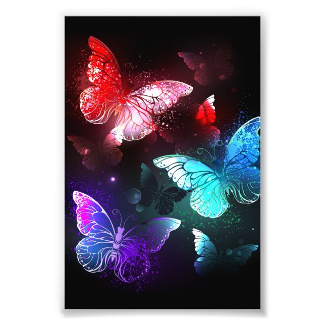 Three Glowing Butterflies on night background Photo Print (Front)