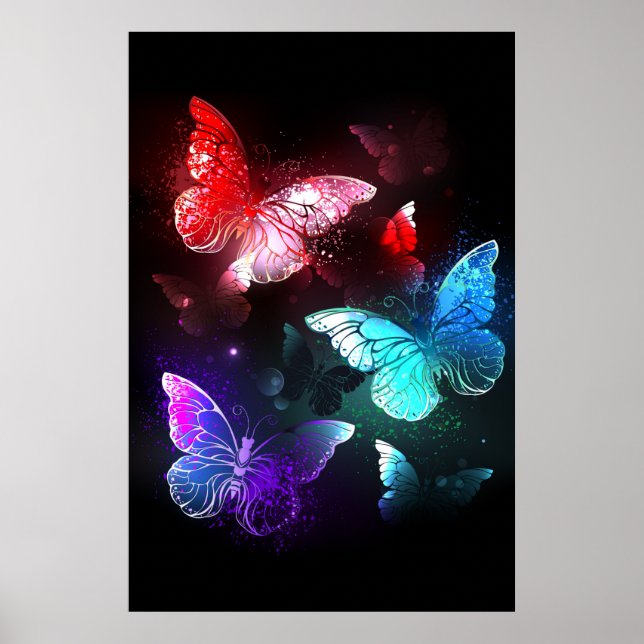 Three Glowing Butterflies on night background Poster (Front)