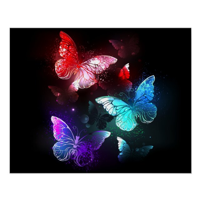 Three Glowing Butterflies on night background Poster (Front)