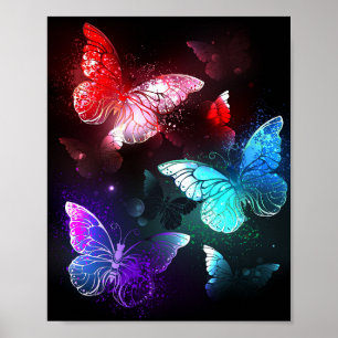 Three Glowing Butterflies on night background Poster