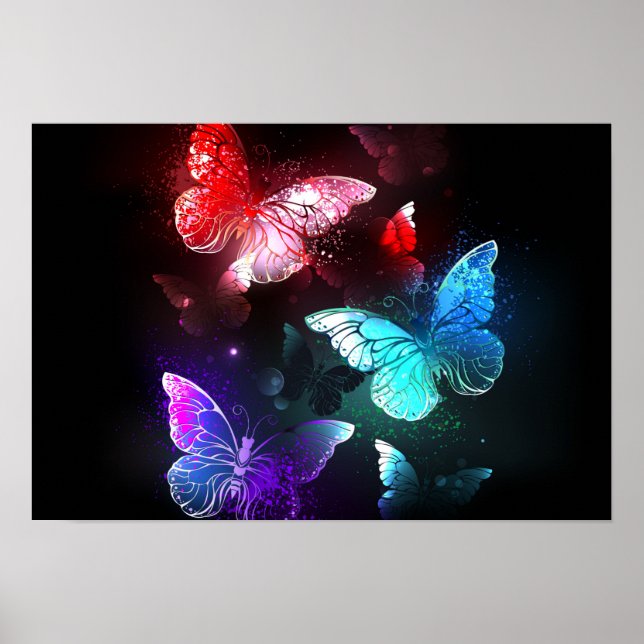 Three Glowing Butterflies on night background Poster (Front)