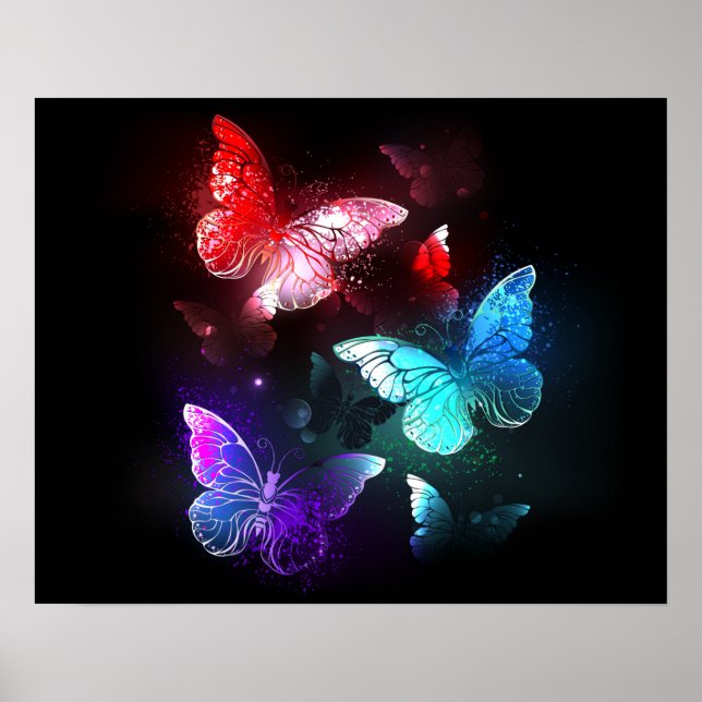 Three Glowing Butterflies on night background Poster (Front)
