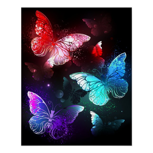 Three Glowing Butterflies on night background Poster (Front)