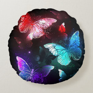 Three Glowing Butterflies on night background Round Cushion