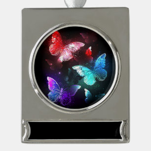 Three Glowing Butterflies on night background Silver Plated Banner Ornament