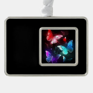 Three Glowing Butterflies on night background Silver Plated Framed Ornament