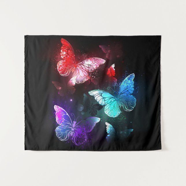 Three Glowing Butterflies on night background Tapestry (Front (Horizontal))