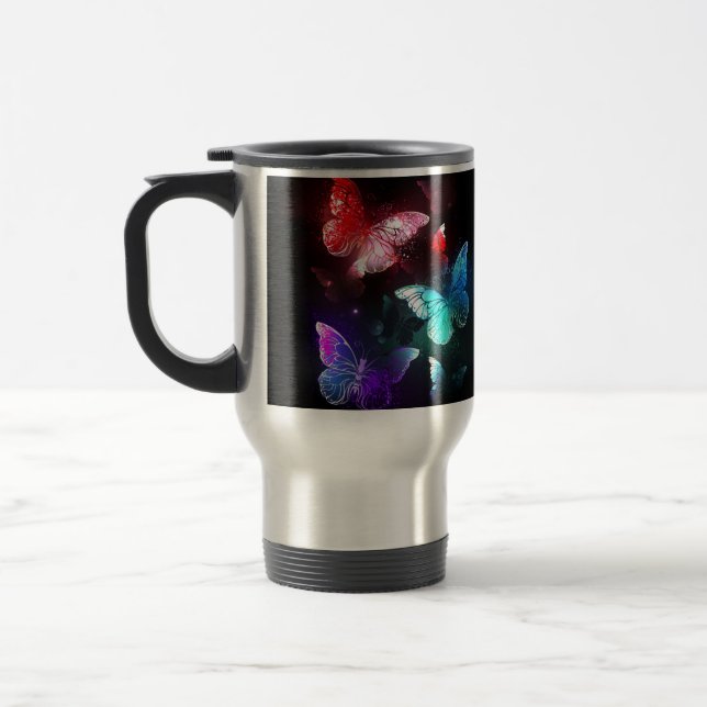 Three Glowing Butterflies on night background Travel Mug (Left)