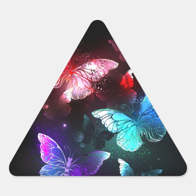 Three Glowing Butterflies on night background Triangle Sticker (Front)