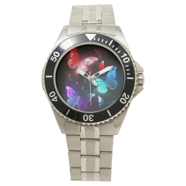Three Glowing Butterflies on night background Watch (Front)