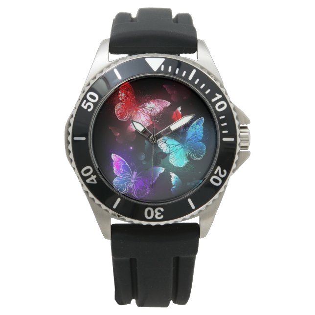 Three Glowing Butterflies on night background Watch (Front)