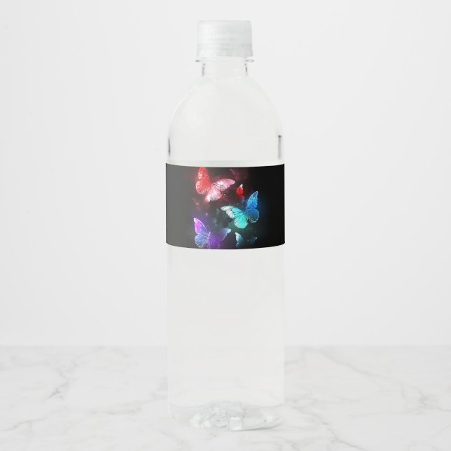 Three Glowing Butterflies on night background Water Bottle Label (Front)