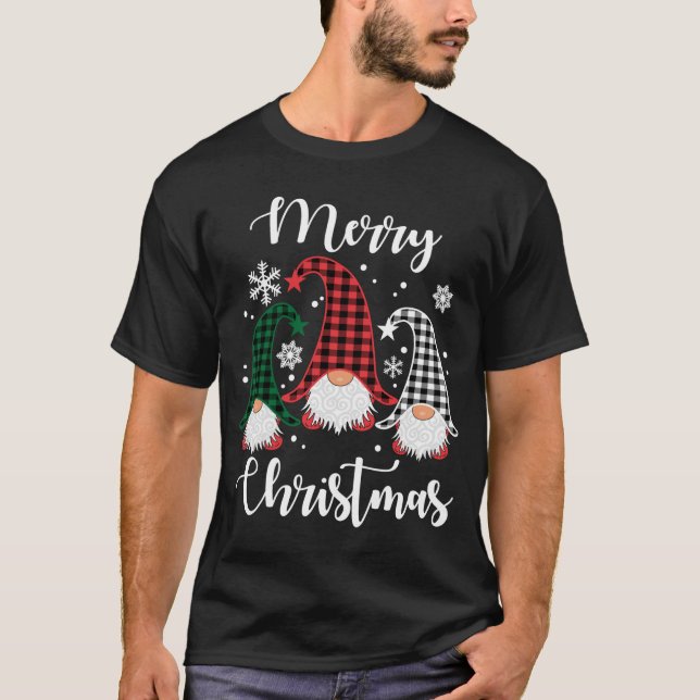 Three Gnomes Buffalo Plaid Christmas Snowflakes T-Shirt (Front)