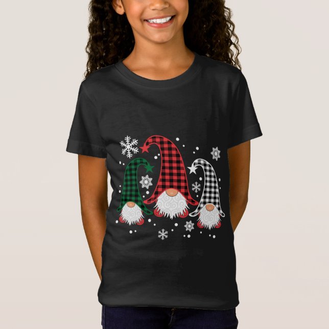 Three Gnomes Buffalo Plaid Christmas Snowflakes T-Shirt (Front)