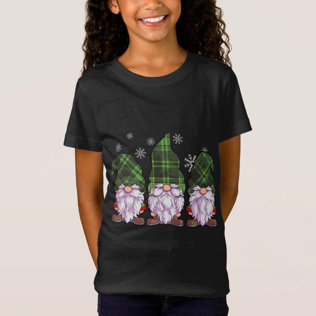 Three Gnomes Buffalo Plaid Green Christmas T-Shirt (Front)
