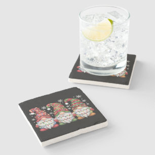 Three Gnomes Buffalo Plaid Red Christmas Stone Coaster