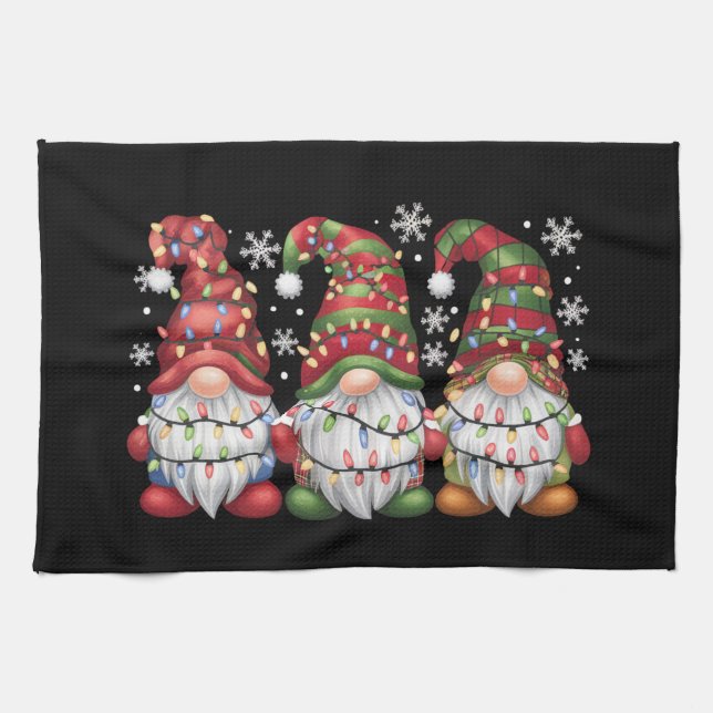 Three Gnomes Buffalo Plaid Red Christmas Tea Towel (Horizontal)
