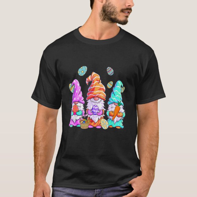 Three Gnomes Bunny Eggs Basket Cute Easter T-Shirt (Front)