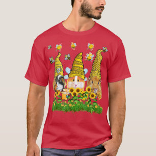 Three Gnomes Guinea Pigs Sunflowers Floral Garden T-Shirt