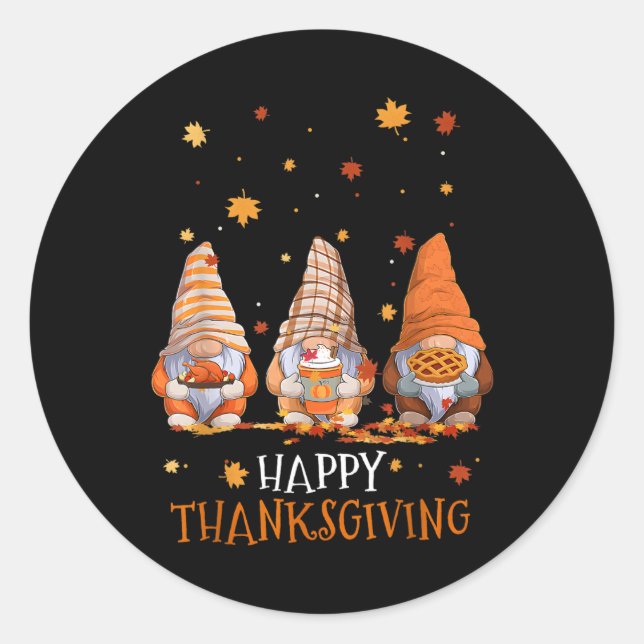 Three Gnomes Happy Thanksgiving Day Fall Autumn Gn Classic Round Sticker (Front)