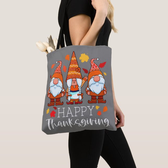 Three Gnomes Happy Thanksgiving Gnomes Fall Gnome Tote Bag (Close Up)