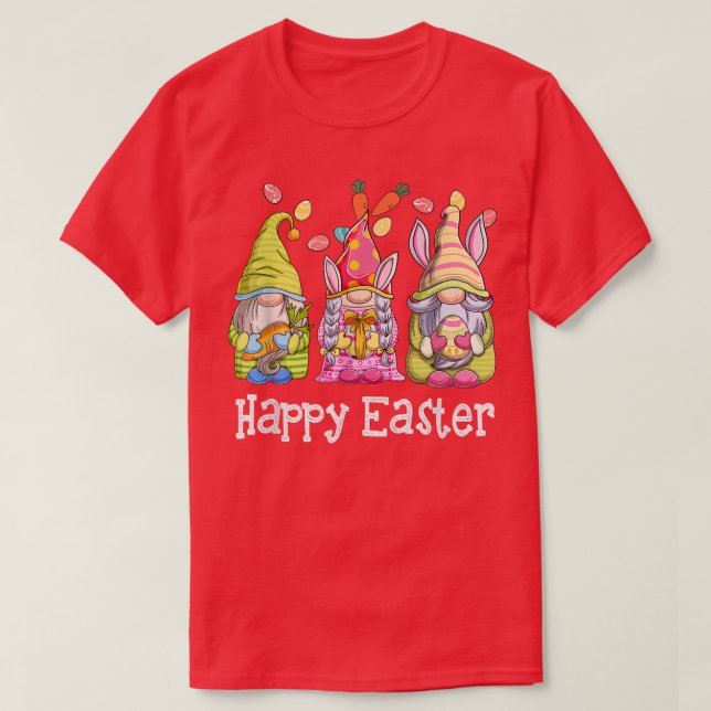 Three Gnomes Holding Easter Egg Cute Bunny Happy E T-Shirt (Design Front)