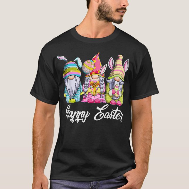 Three Gnomes Holding Easter Egg Cute Bunny Happy E T-Shirt (Front)