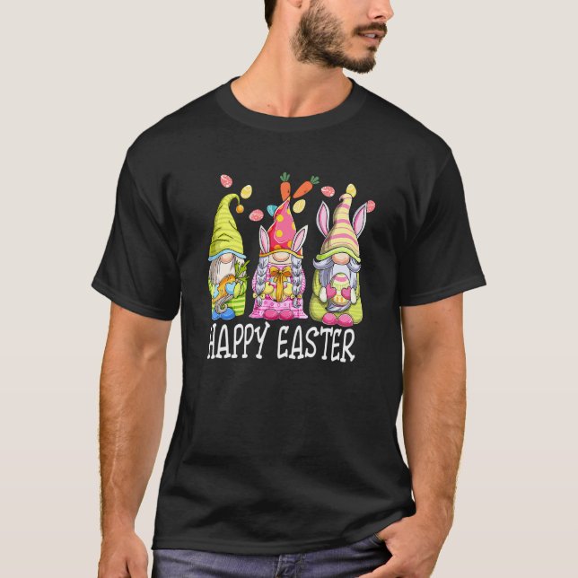 Three Gnomes Holding Easter Egg Cute Bunny Happy E T-Shirt (Front)