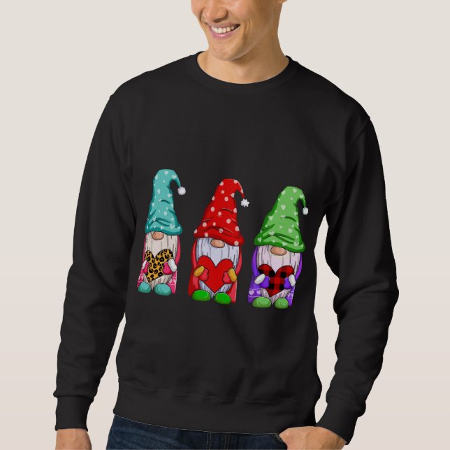 Three Gnomes Holding Heart Plaid Leopard Valentine Sweatshirt (Front)