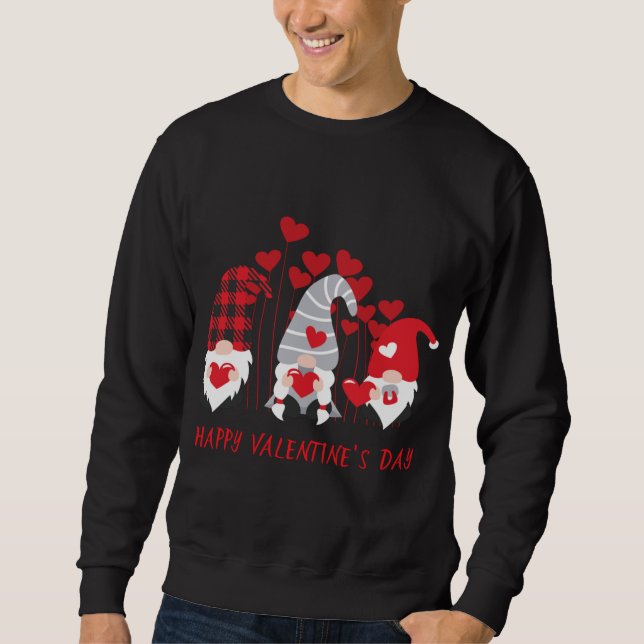 Three Gnomes Holding Heart Red Plaid Happy Valenti Sweatshirt (Front)