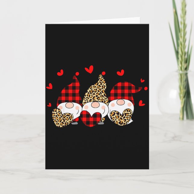Three Gnomes Holding Hearts Leopard Happy Valentin Card (Front)