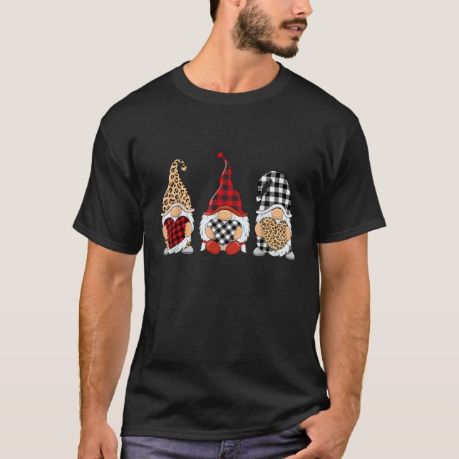 Three Gnomes Holding Leopard Heart Plaid Valentine T-Shirt (Front)