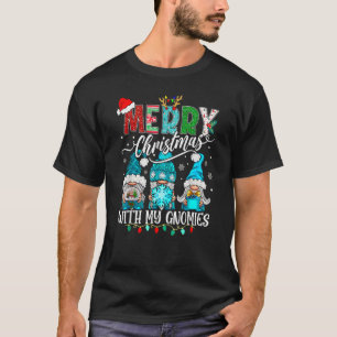 Three Gnomes Holding Merry Christmas Leopard Plaid T-Shirt