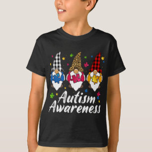 Three Gnomes Holding Puzzle Leopard Plaid Autism A T-Shirt