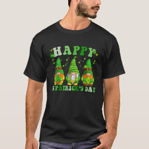 Three Gnomes Holding Shamrock Groovy Happy St Patr T-Shirt
