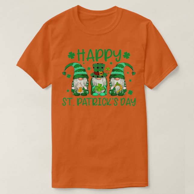 Three Gnomes Holding Shamrock Leopard Plaid St Pat T-Shirt (Design Front)