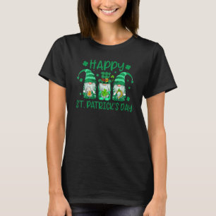Three Gnomes Holding Shamrock Leopard Plaid St Pat T-Shirt