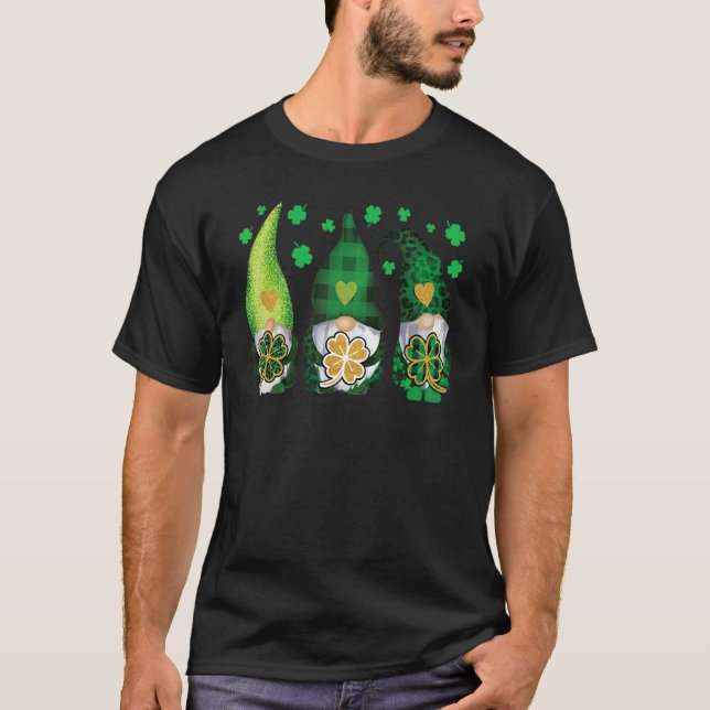 Three Gnomes Holding Shamrock Leopard Plaid St Pat T-Shirt (Front)