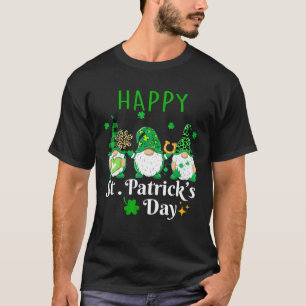 Three Gnomes Holding Shamrock Plaid Leopard St Pat T-Shirt